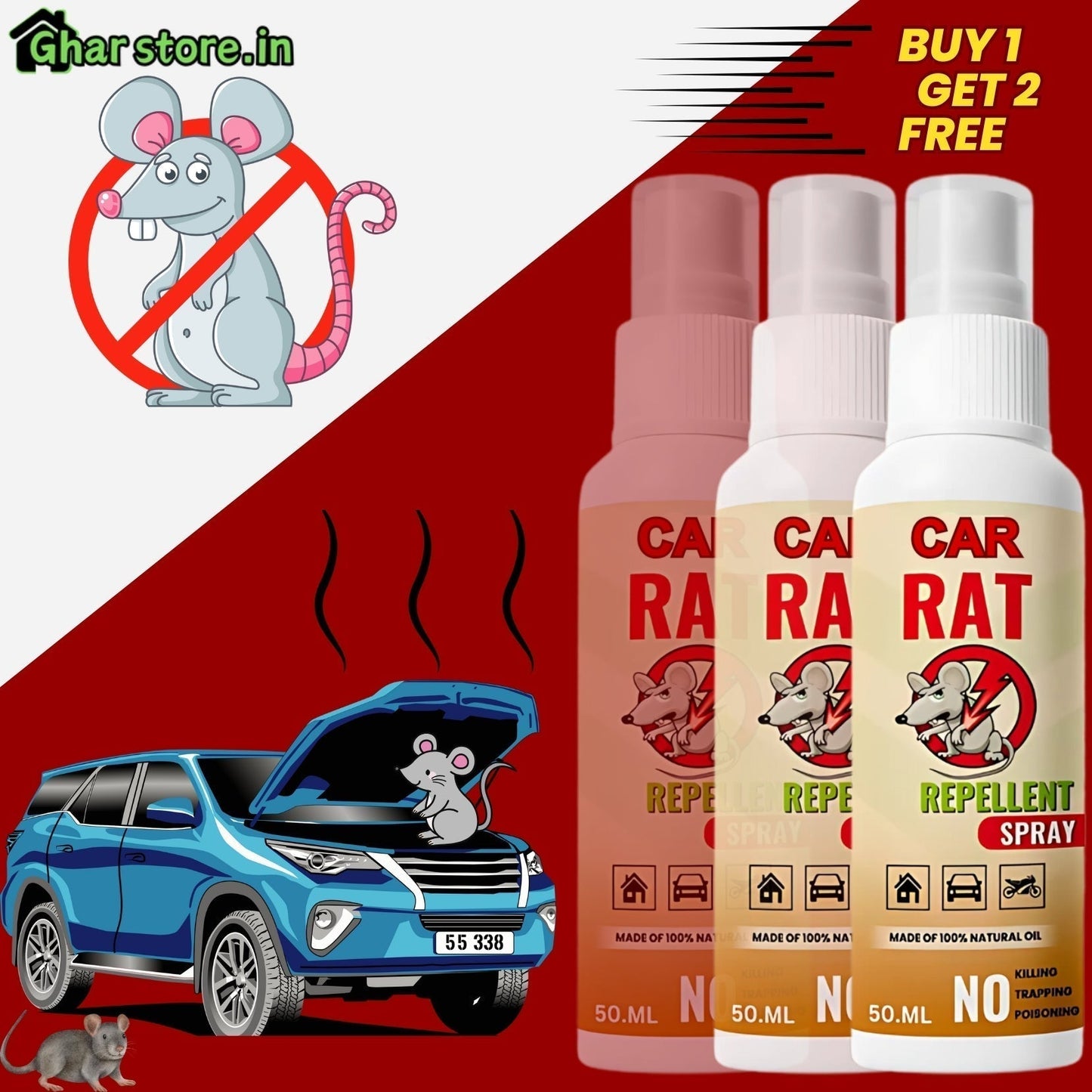 No Entry Rat Repellent Car Spray - Pack of 3